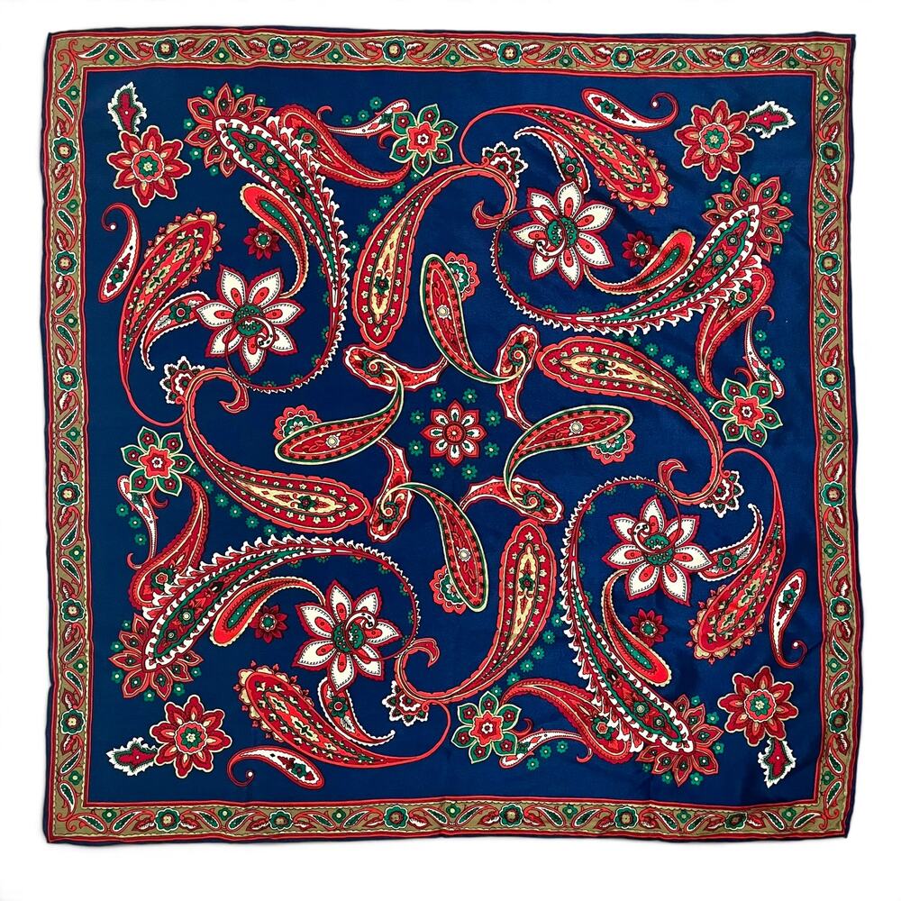 Vintage Gilded Crepe de Chine Blue Paisley Floral Silk Square Scarf Neckerchief